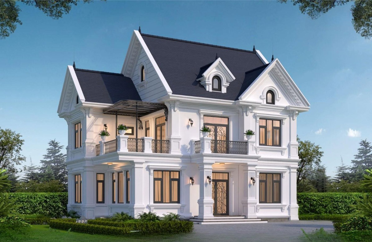 Mẫu biệt thự tân cổ điển 2 tầng 1 tum mái Thái là sự kết hợp hoàn hảo giữa vẻ đẹp cổ điển và hiện đại.