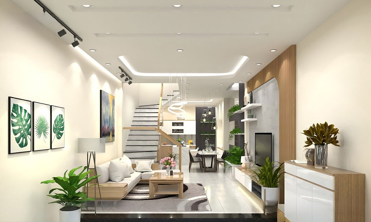 Một phòng khách tối giản thường sử dụng các gam màu trung tính như trắng, xám và gỗ tự nhiên để tạo ra sự hài hòa và sự cân đối