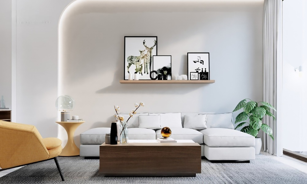 Góc tiếp khách được bố trí với một bộ ghế sofa thoải mái và bàn trà, tạo nên không gian thư giãn và trò chuyện