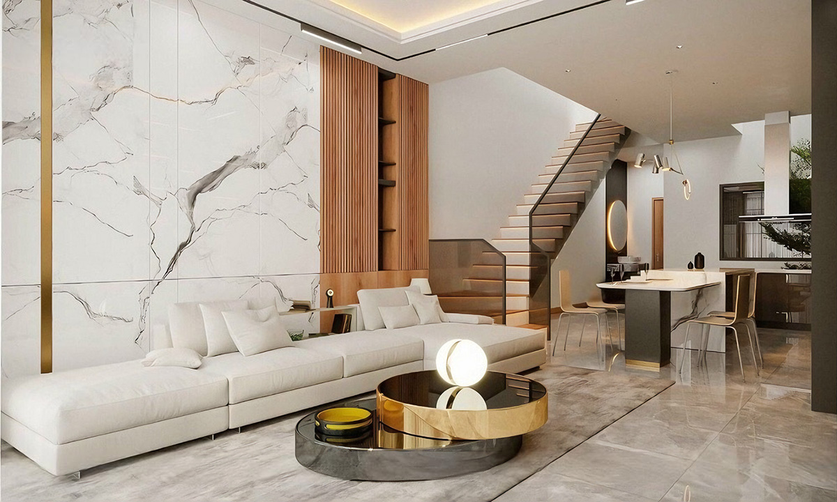 Trong phòng khách nhà ống 3 tầng 1 tum, không gian được tối ưu hóa để tạo ra một môi trường thông thoáng và thoải mái