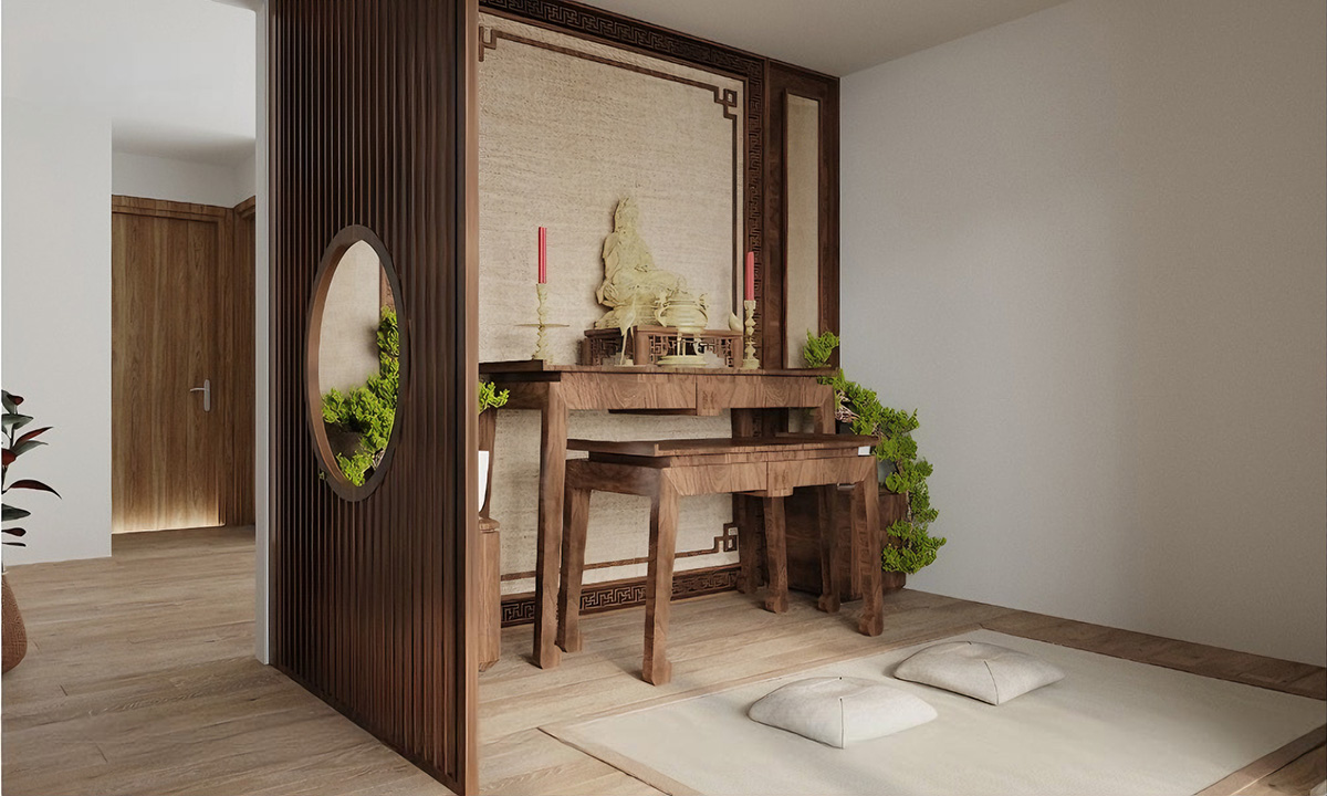 Phòng thờ có diện tích vừa phải, không quá lớn nhưng đủ để chứa một số đồ trang trí và tiện nghi cần thiết