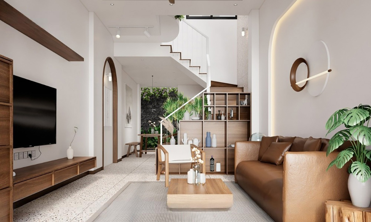 Phòng khách có diện tích vừa phải cho phép sắp xếp các khu vực khác nhau một cách hợp lý