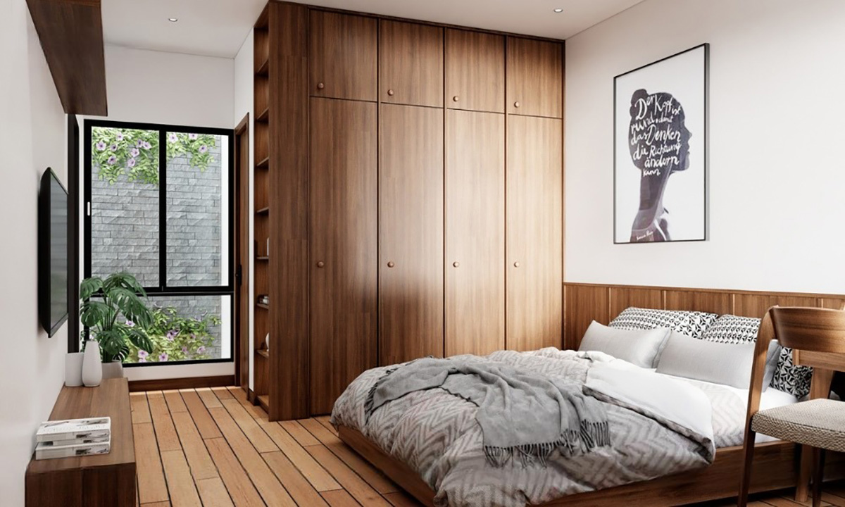 Nội thất trong phòng ngủ nhà ống 3 tầng 4x16m được bày trí gọn gàng