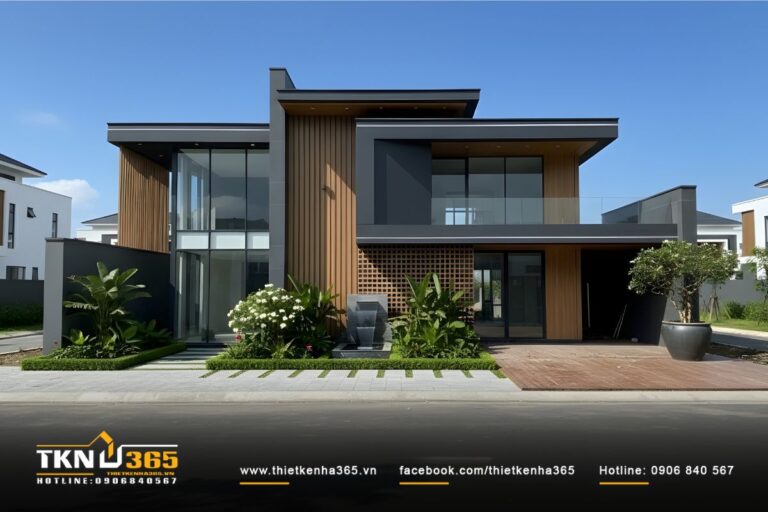 Mặt tiền biệt thự 2 tầng thiết kế hai khối nhà bất đối xứng, hình khối rõ ràng và tỷ lệ cân đối