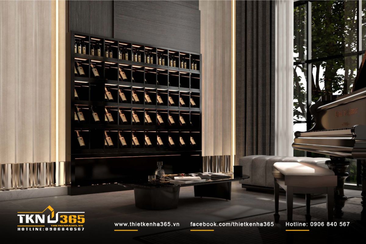 Tủ rượu âm tường bố trí hệ đèn hắt ẩn, nâng tầm đẳng cấp không gian tiếp khách