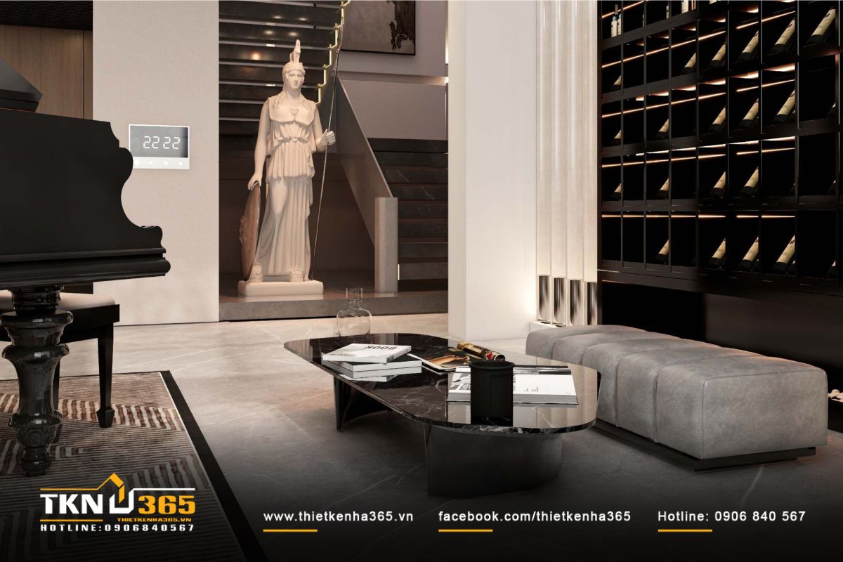 Tượng Hy Lạp và cầu thang dẫn sáng trở thành điểm nhấn nghệ thuật ấn tượng