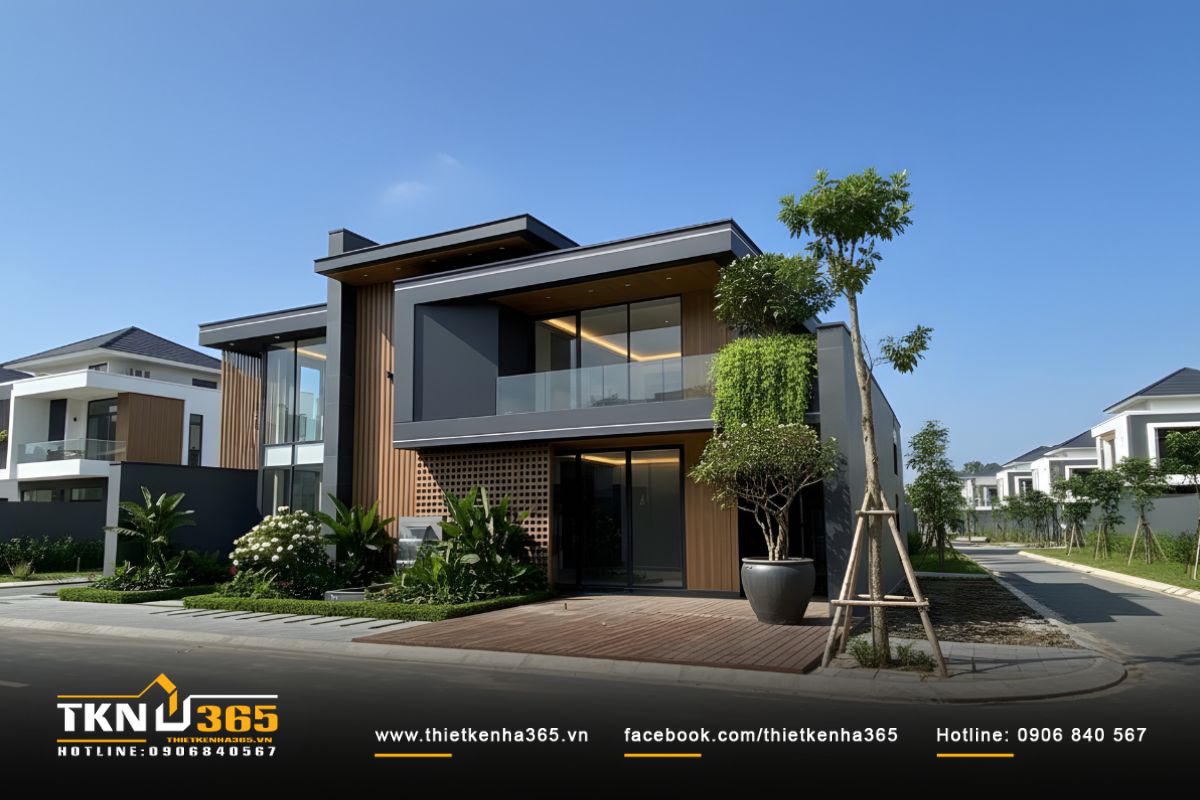 Gam màu xám đen và nâu gỗ kết hợp kính lớn tạo diện mạo hiện đại, ấm áp