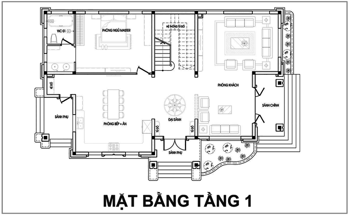 Mặt bằng công năng mẫu biệt thự mini hiện đại 2 tầng 120m2 4 phòng ngủ tầng 1. (Ảnh: sưu tầm)