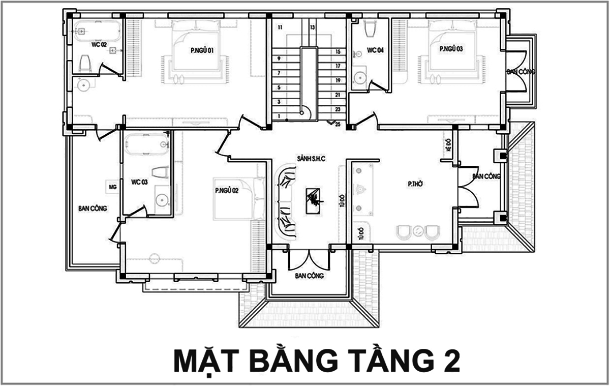 Mặt bằng công năng mẫu biệt thự mini hiện đại 2 tầng 120m2 4 phòng ngủ tầng 2. (Ảnh: sưu tầm)
