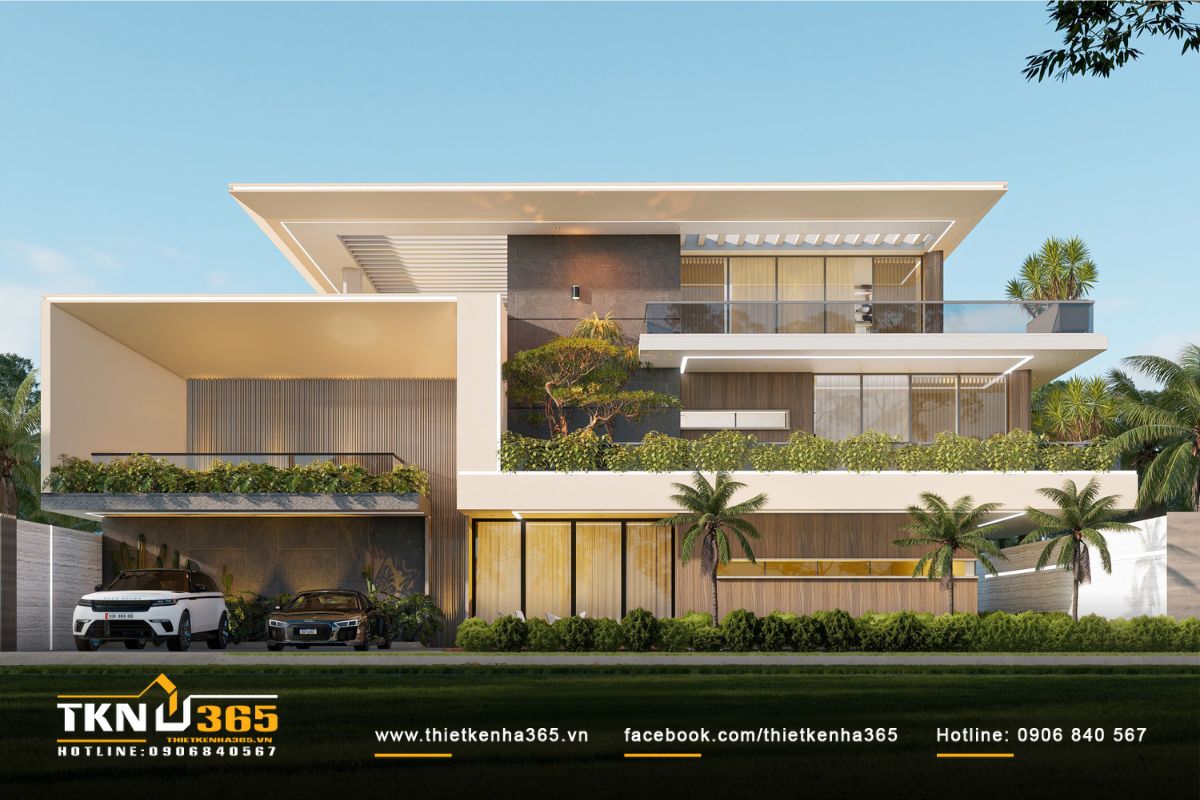 Toàn cảnh biệt thự 3 tầng hiện đại phủ xanh mặt tiền bằng nhiều lớp cây lớn nhỏ đan xen