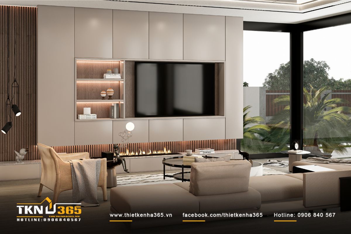 Mảng tường tivi ốp gỗ kết hợp panel trung tính và kệ trang trí tạo điểm nhấn ấm áp cho không gian