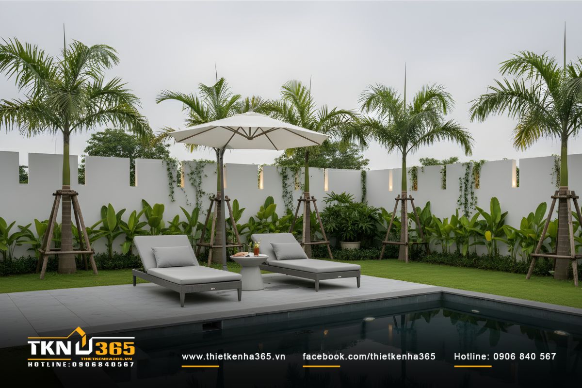 Hàng cọ xanh và thảm cỏ mượt tạo nên không gian nghỉ dưỡng mini, mang hơi thở nhiệt đới vào trong khuôn viên nhà ở