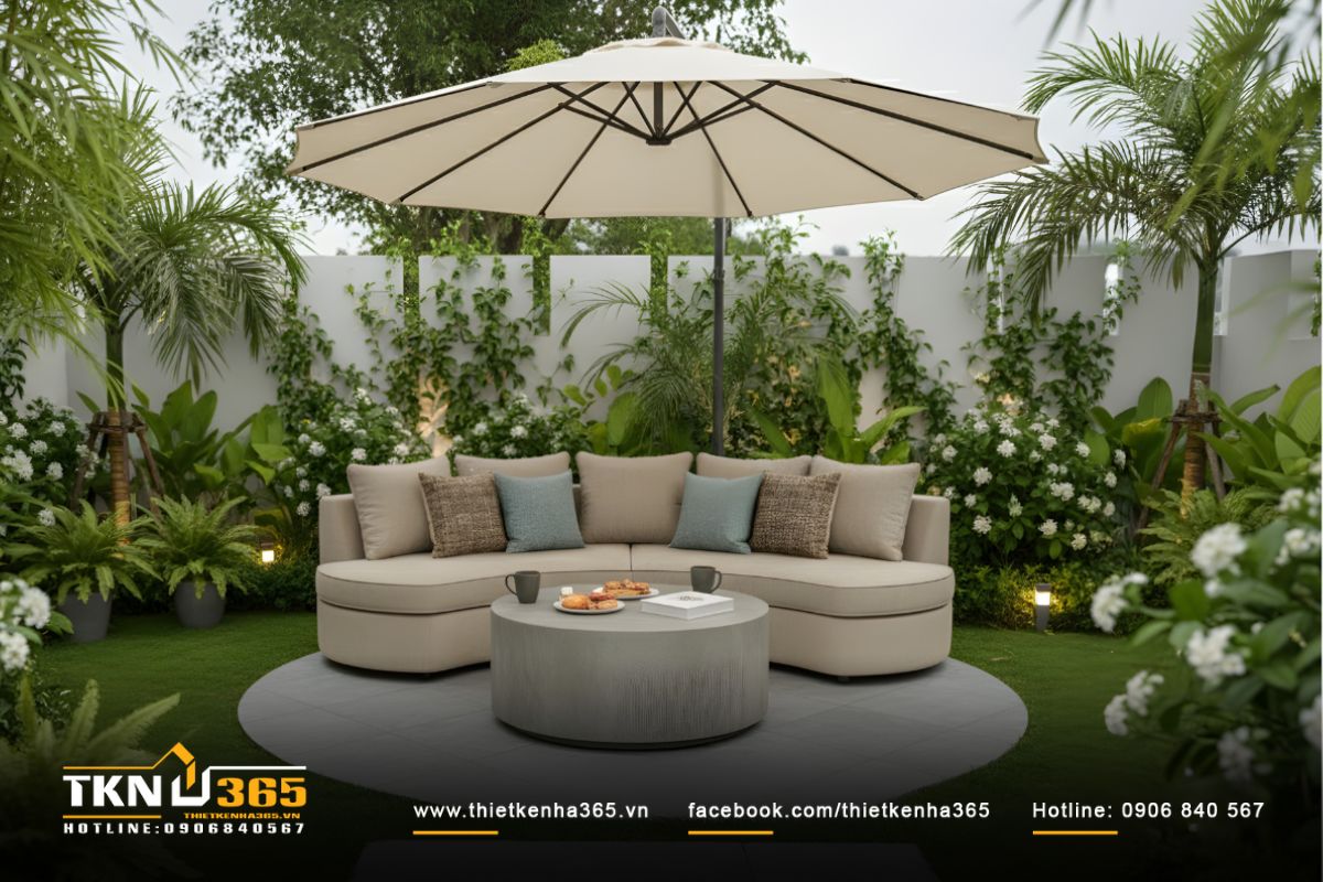 Góc vườn với sofa cong và bàn tròn trung tâm là nơi gia chủ có thể thưởng trà hoặc trò chuyện cùng bạn bè