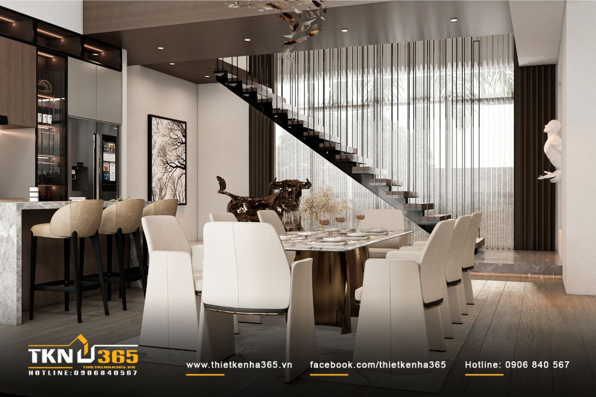 Ánh sáng tự nhiên tràn qua rèm voan mỏng, giúp không gian bếp - ăn luôn thoáng và dịu nhẹ