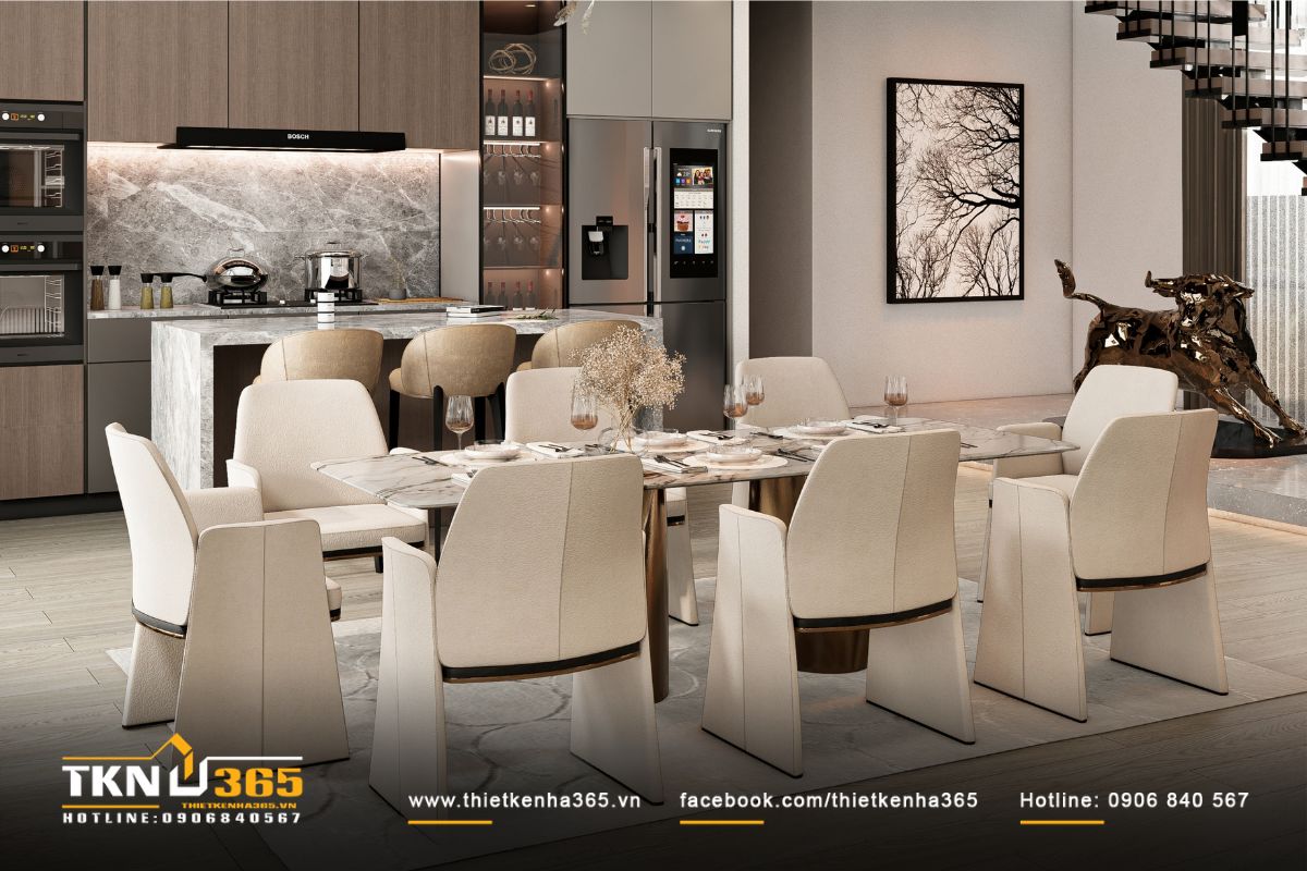 Bàn ăn đá nguyên khối, ghế bọc nỉ màu be tạo nên bầu không khí ấm cúng và tinh tế cho những bữa sum họp