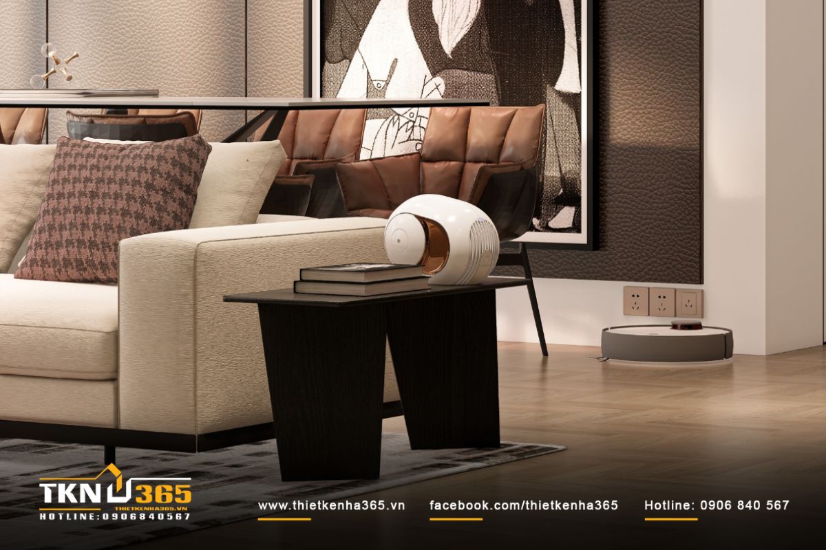 Chiếc loa đặt bên sofa là điểm nhấn nghệ thuật, thể hiện tinh thần yêu âm nhạc của gia chủ