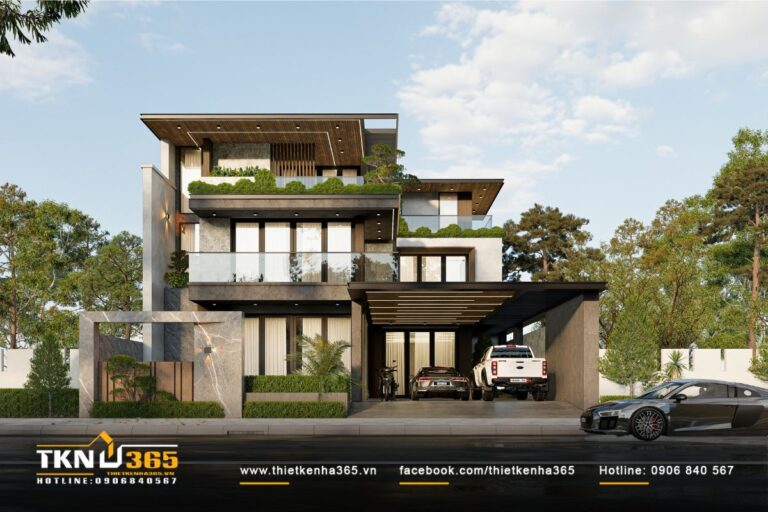 Cấu trúc mặt đứng hiện đại, ban công kính và hệ lam nhôm giúp giảm bức xạ nhiệt, mang lại diện mạo thanh thoát