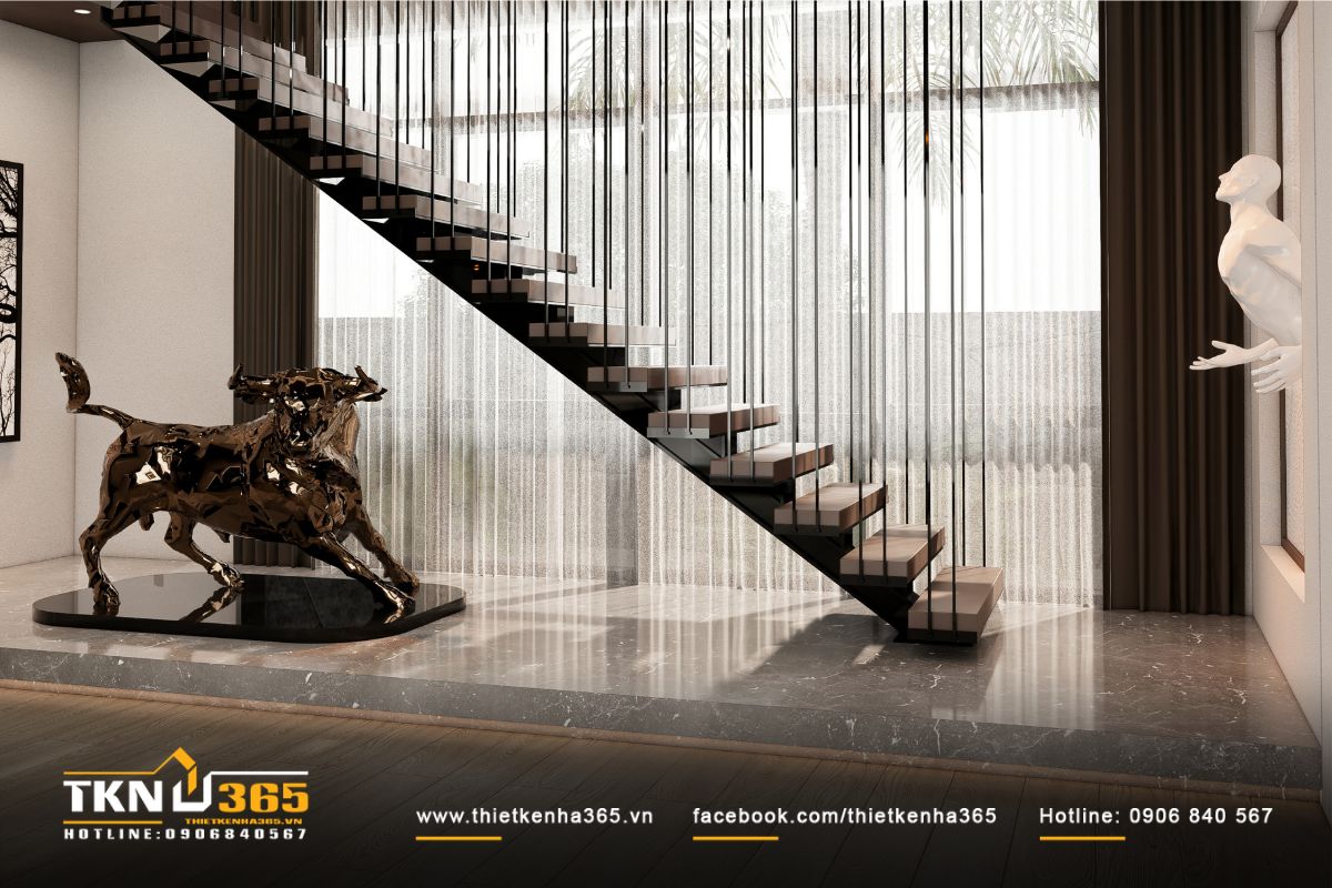 Thiết kế cầu thang mở bên cạnh cửa sổ mang ánh sáng tự nhiên đến mọi ngóc ngách trong không gian sinh hoạt chung