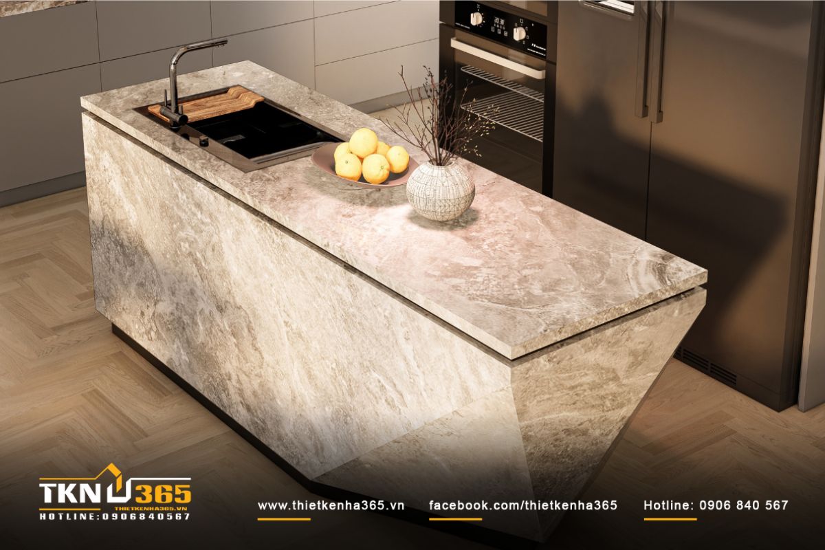 Chi tiết mặt đá và ánh sáng hắt ẩn tinh tế khẳng định tay nghề thi công cao cấp