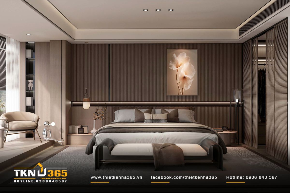 Tường đầu giường ốp gỗ kết hợp tranh trang trí lớn, tạo điểm nhấn tinh tế và cân bằng thị giác