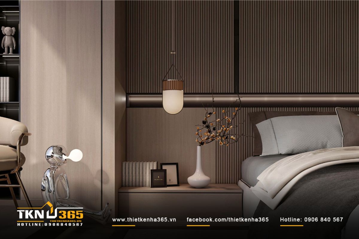 Ánh sáng vàng ấm áp từ đèn thả đầu giường giúp thiết kế nội thất phòng ngủ nổi bật và thu hút hơn