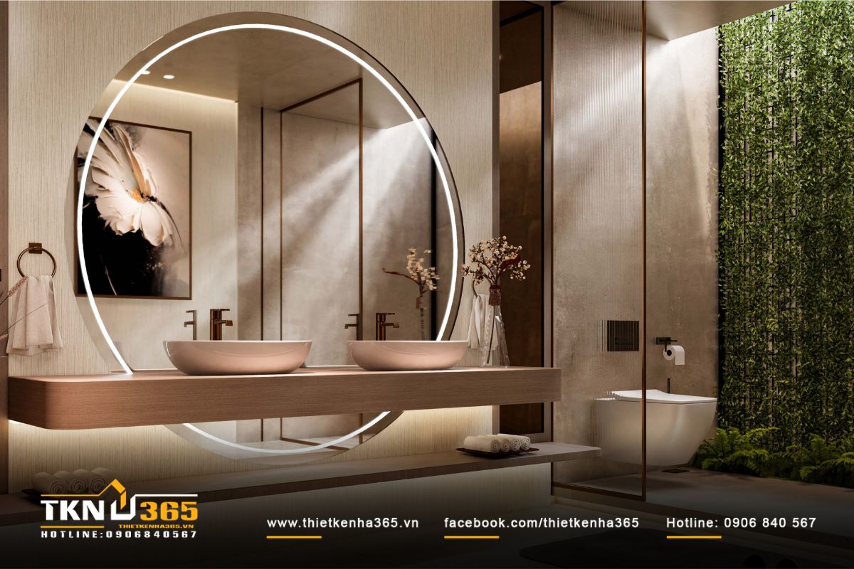 Phòng tắm thiết kế như spa tại gia với lavabo đôi và gương tròn lớn có đèn viền chiếu sáng mềm mại