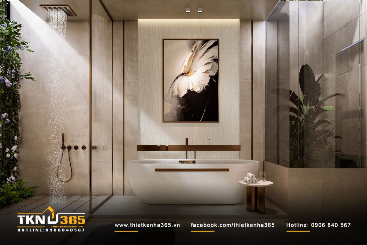 Bồn tắm đặt cạnh khoảng sân trong mang lại cảm giác hòa mình cùng thiên nhiên khi thư giãn