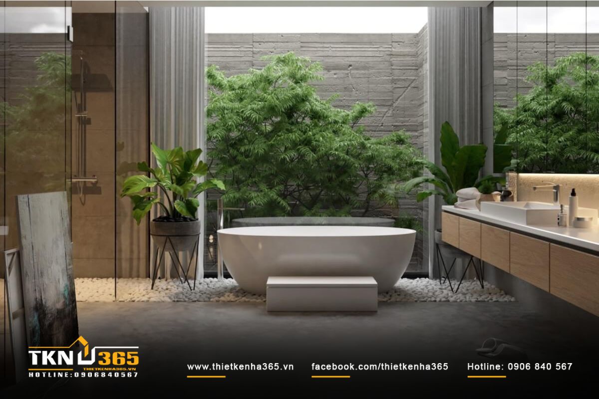 Phòng tắm mở ra khu vườn nhỏ phủ sỏi trắng, mảng xanh đan xen hài hòa để con người chạm vào thiên nhiên mọi lúc mọi nơi