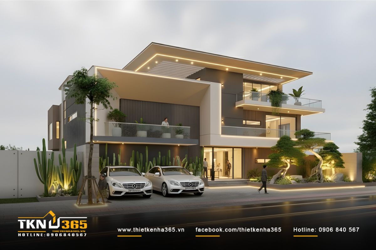 Cây xanh đan xen lam thép mảnh làm mềm khối kiến trúc hiện đại, tôn lên sự thanh thoát