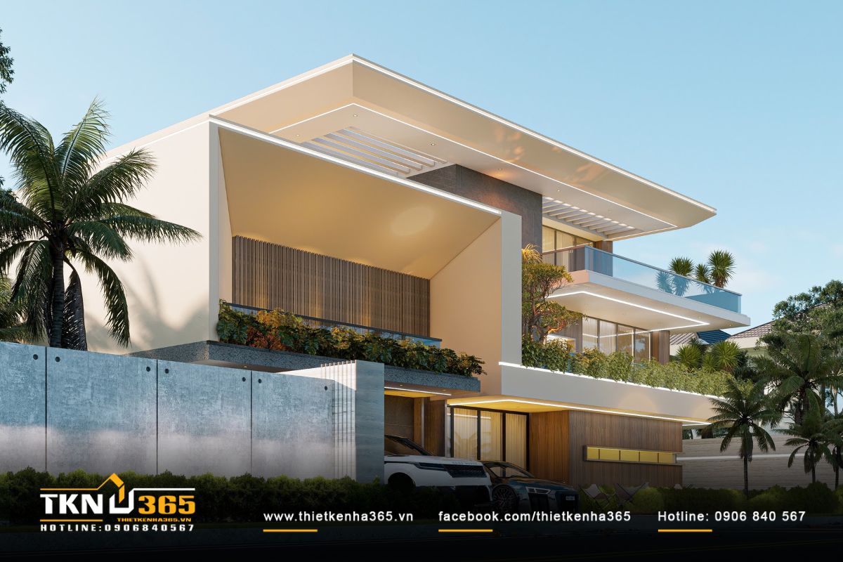 Tầng 2 và tầng 3 phủ kín cây trồng tán rộng để làm mát, đảm bảo tính riêng tư cho không gian sinh hoạt