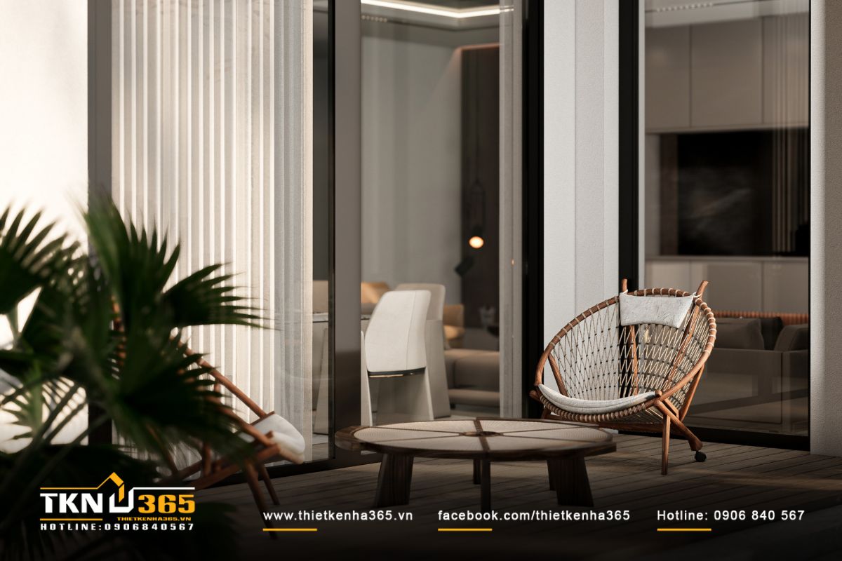 Góc thư giãn nhỏ bên ngoài phòng khách kết nối trực tiếp với sân vườn