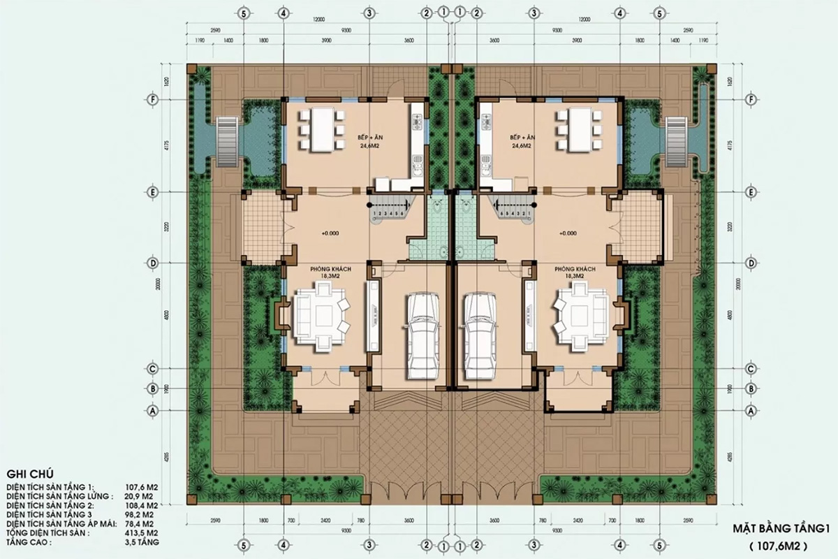 Bản vẽ mẫu biệt thự song lập phong cách hiện đại
