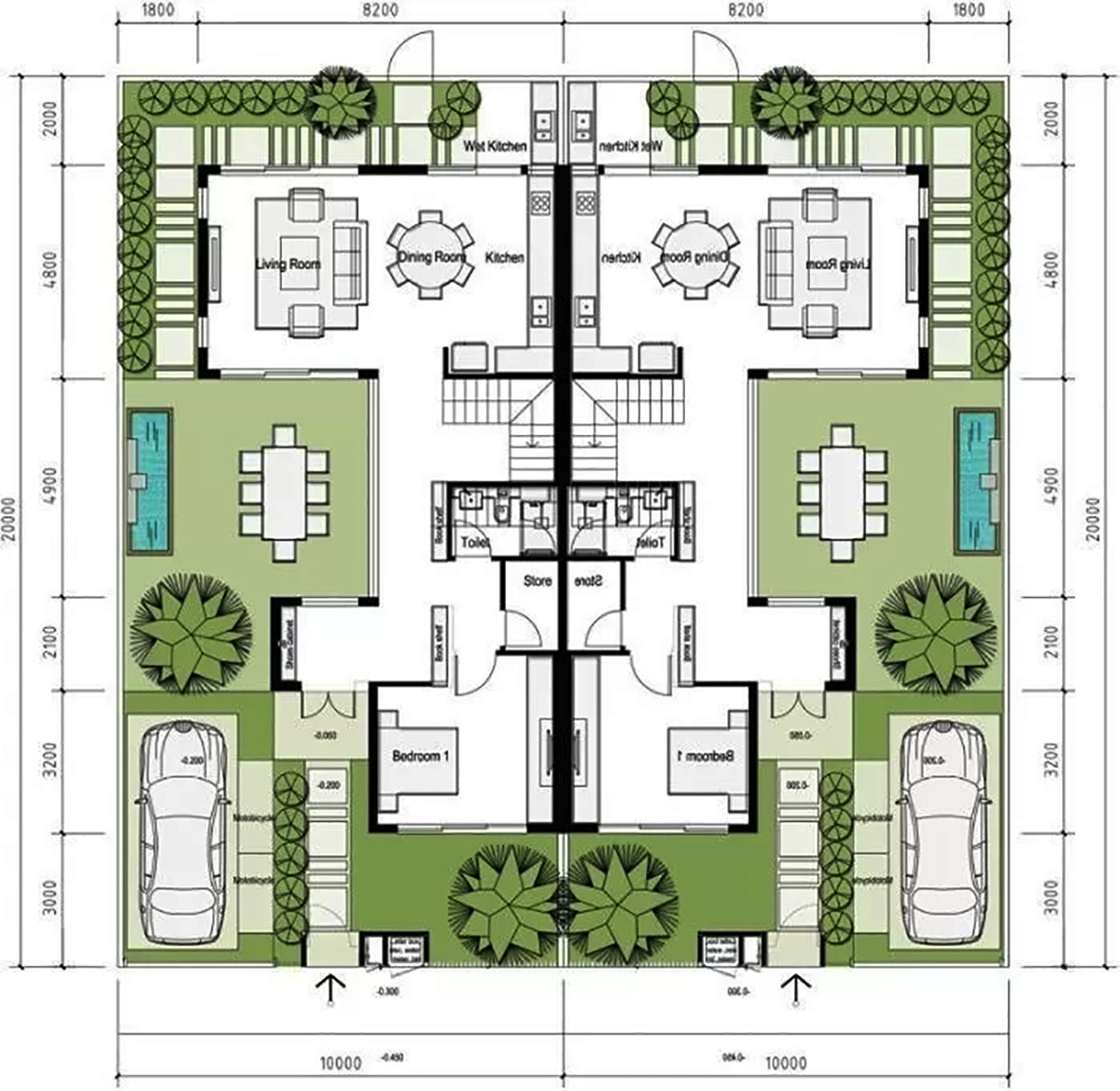 Bản vẽ mẫu biệt thự song lập sân vườn