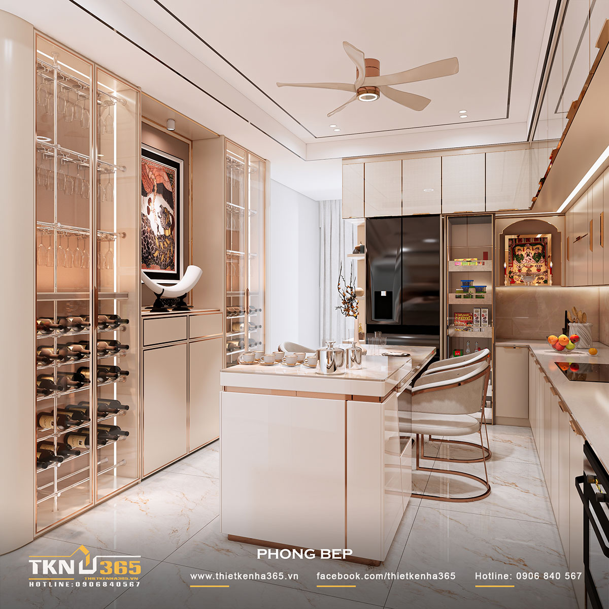 Phòng bếp+ăn sang trọng và tinh tế, được đặt ở tầng trên cùng, trang bị đầy đủ vật dụng, tạo sự tiện nghi cho gia chủ tạo nên những bữa ăn ấm cúng gia đình 