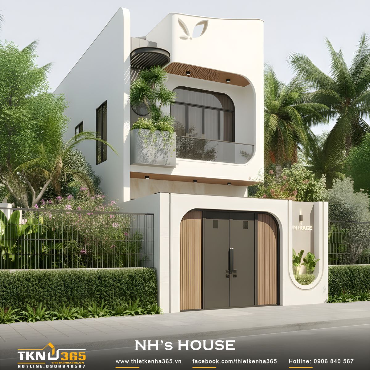 Mặt tiền NH’s House bo cong ở các góc, tạo cảm giác hài hòa giữa hình khối kiến trúc và cảnh quan xanh mát xung quanh