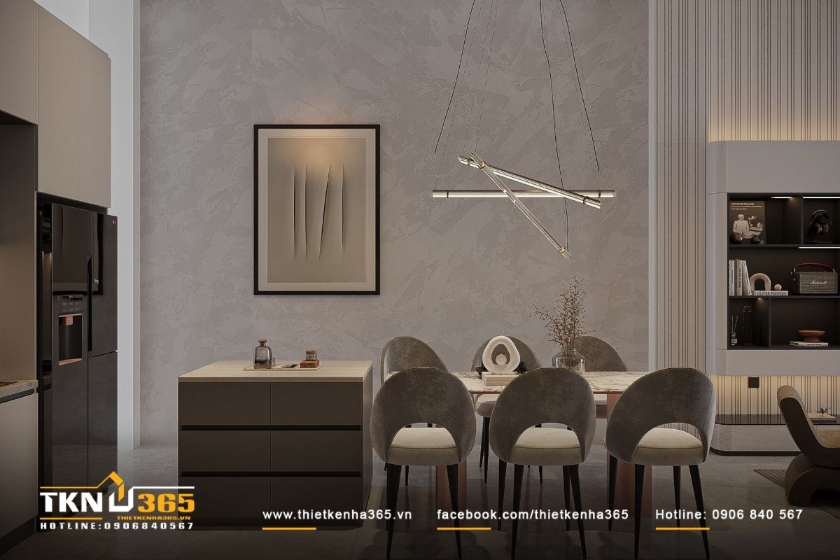 Mảng tường ốp vân xi măng kết hợp đèn thả kim loại cân bằng giữa công năng và thẩm mỹ