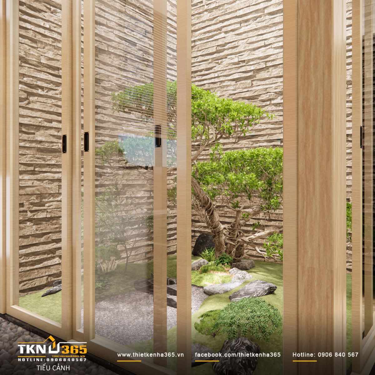 Cây xanh, đá cuội và thảm cỏ sắp đặt theo tinh thần của những khu vườn Nhật Bản