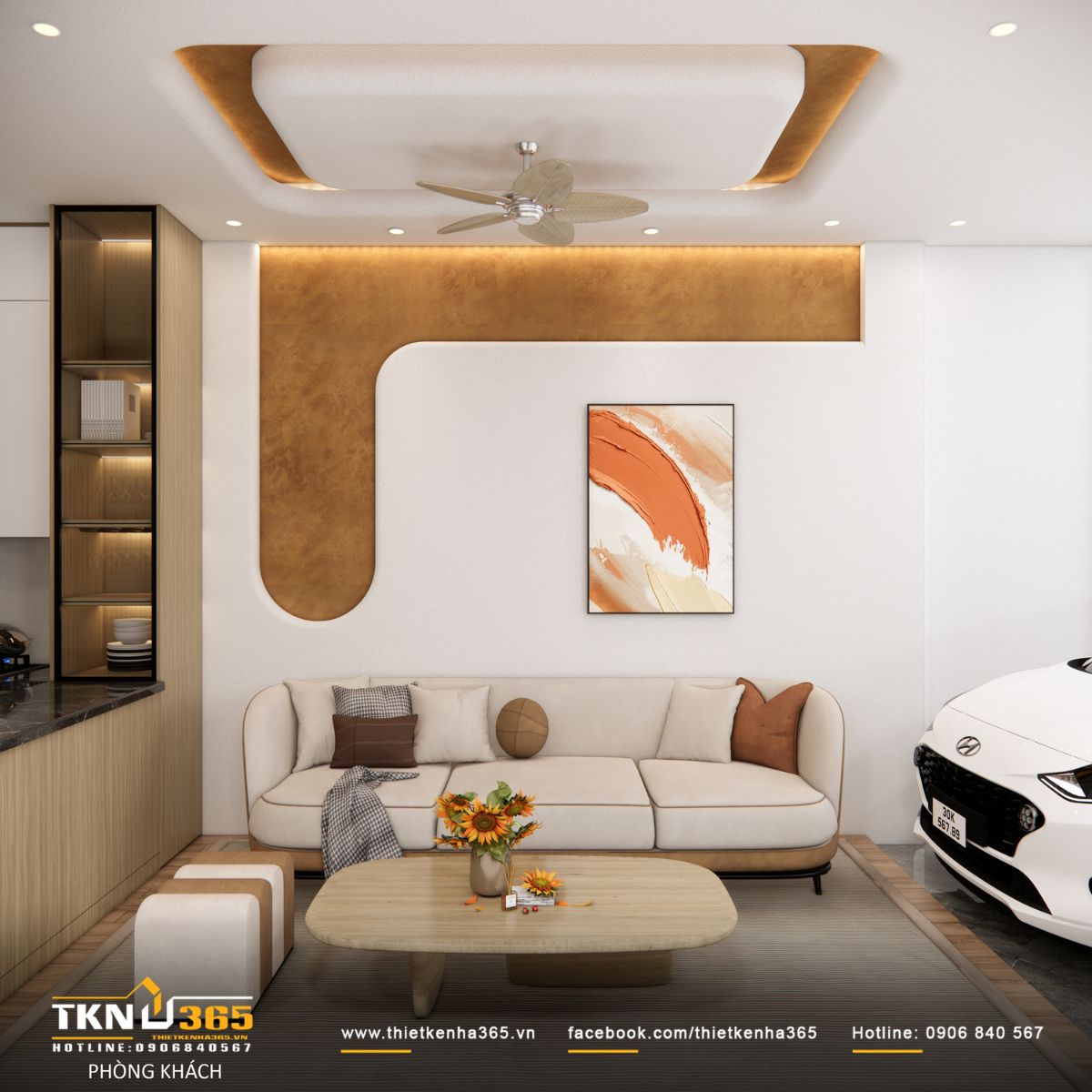 Bảng màu be - cam đất được xử lý tinh tế, kết hợp cùng đường cong trên tường và trần tạo tổng thể thiết kế bắt mắt