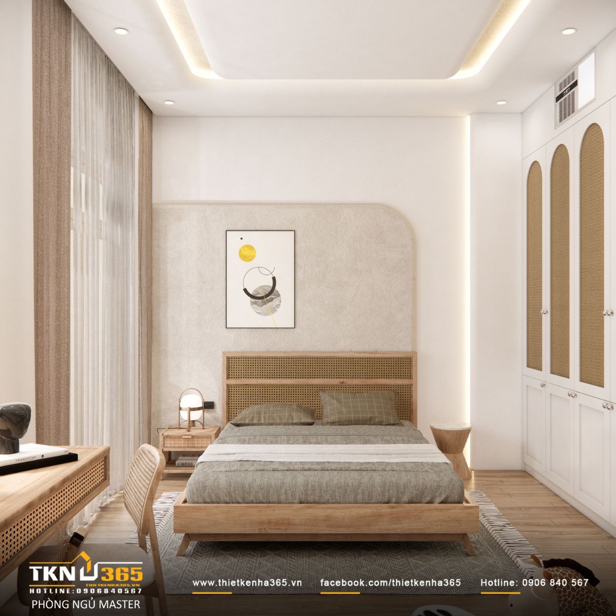 Phòng ngủ master tối giản chọn giường thấp, tường bo cong và chất liệu mây tre đan hiện đại và tinh tế