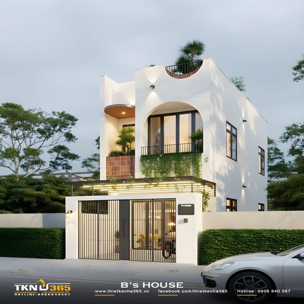 Mặt tiền B’s House thiết kế khối hình vững chãi nhưng mềm mại nhờ các vòm cong và mảng xanh