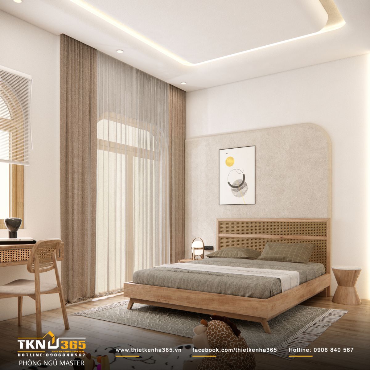 Ánh sáng tự nhiên xuyên qua rèm voan hai lớp lan tỏa khắp căn phòng, mang đến cảm giác yên bình mỗi sớm mai