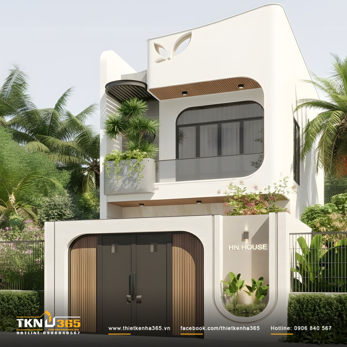 Biểu tượng chiếc lá nhỏ ở lầu 1 trở thành điểm nhấn nhận diện tinh tế, gợi nét đẹp duyên dáng trên bề mặt tường