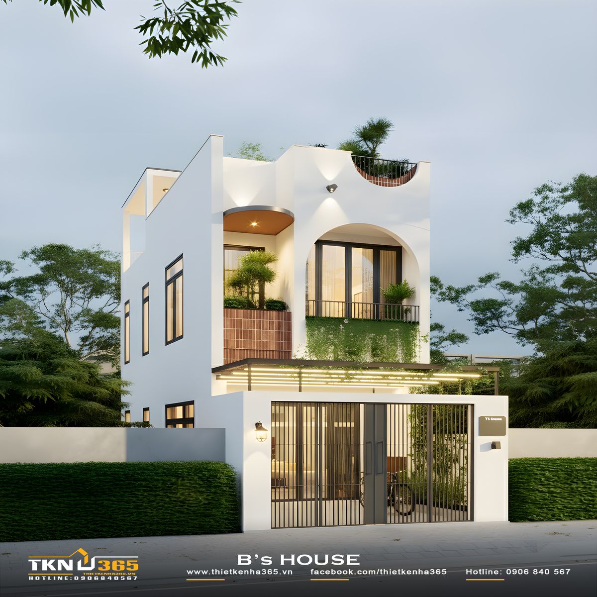 Kiến trúc sư chọn tông màu trắng làm chủ đạo, tạo điểm nhấn bằng gạch thẻ và cây xanh