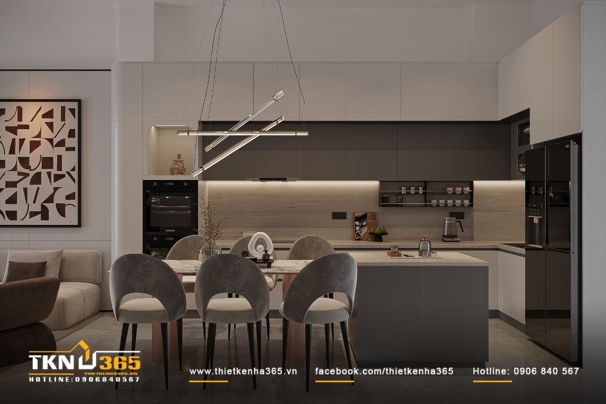 Hệ tủ bếp màu ghi thiết kế phẳng, tay nắm âm tinh giản gọn gàng và hiện đại