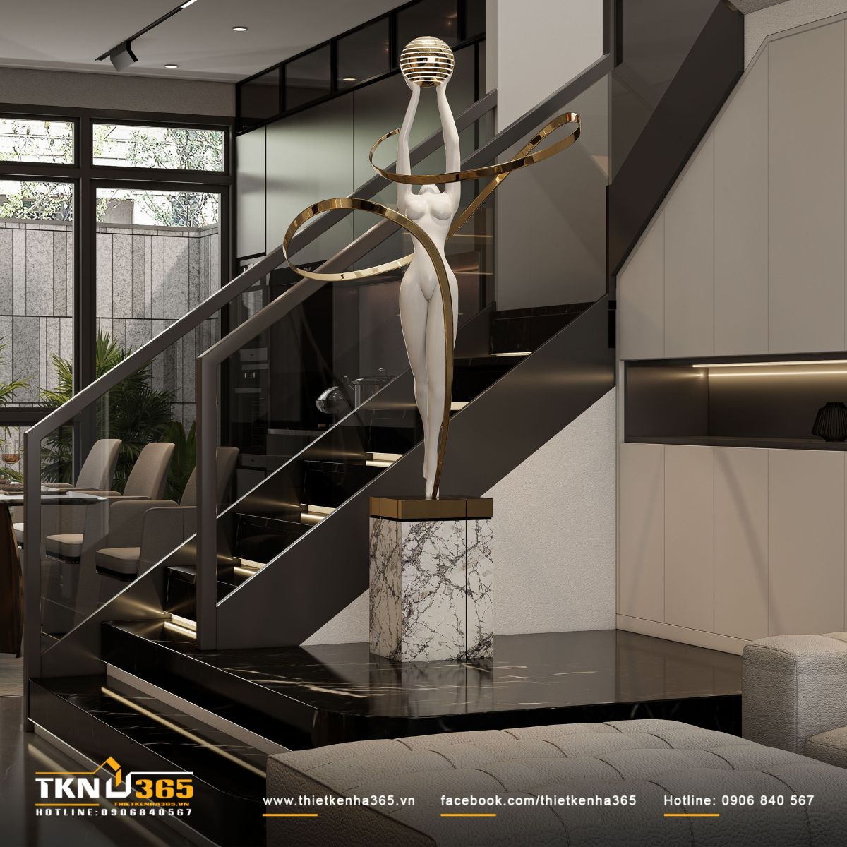 Phụ kiện trang trí đặt tại khu vực sảnh cầu thang trở thành điểm nhấn, kết nối thị giác giữa các không gian trong nhà phố