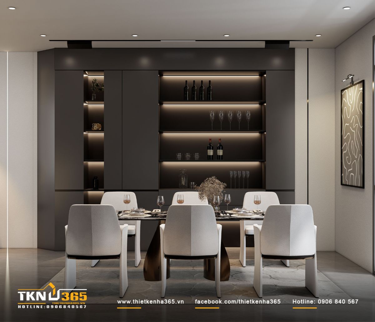 Bàn ăn mặt đá marble và ánh sáng hắt nhẹ tạo nên bầu không khí ấm cúng cho những bữa cơm hoặc tiếp khách thân mật