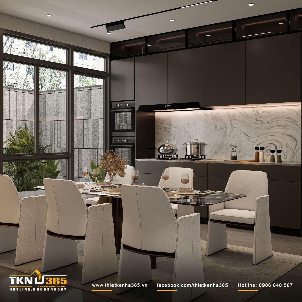 Hệ tủ bếp phẳng màu than mờ kết hợp mặt đá vân mây tự nhiên, vừa sang trọng vừa hiện đại