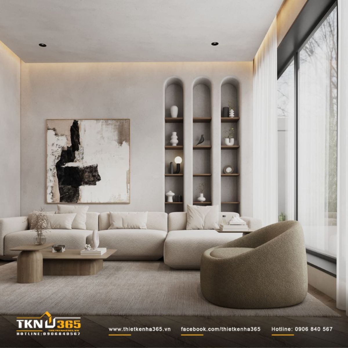 Màu sắc trắng - be chủ đạo kết hợp chất liệu gỗ và vải thô, làm toát lên bầu không khí ấm áp, gần gũi