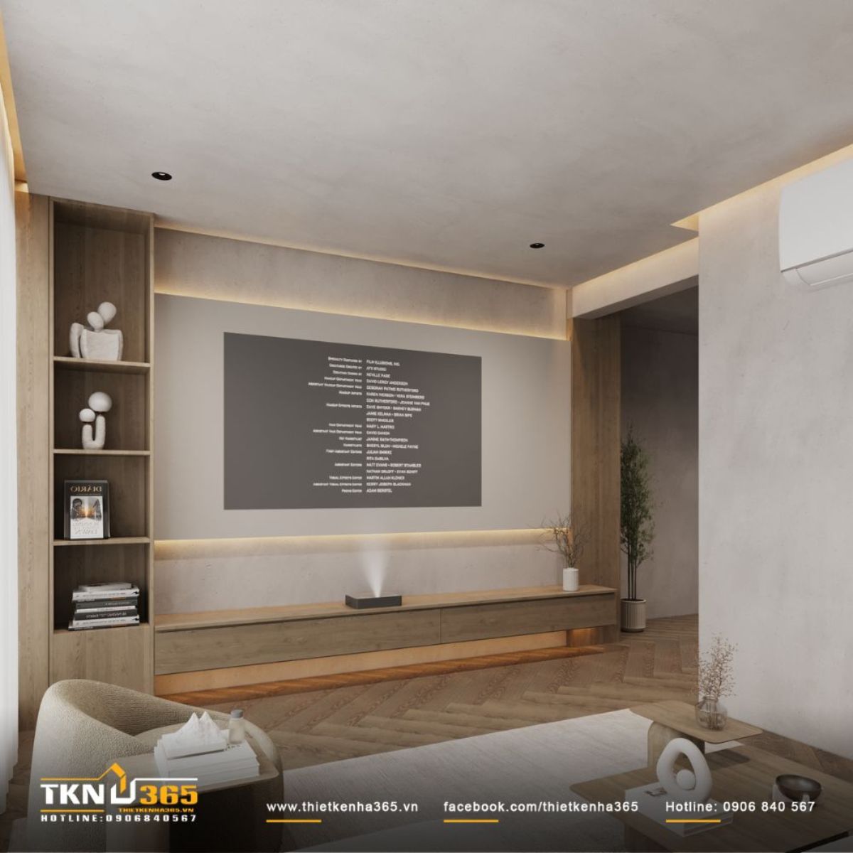 Không gian nhẹ nhàng, tinh tế với tường bê tông xám mịn kết hợp kệ gỗ veneer và đèn hắt sáng