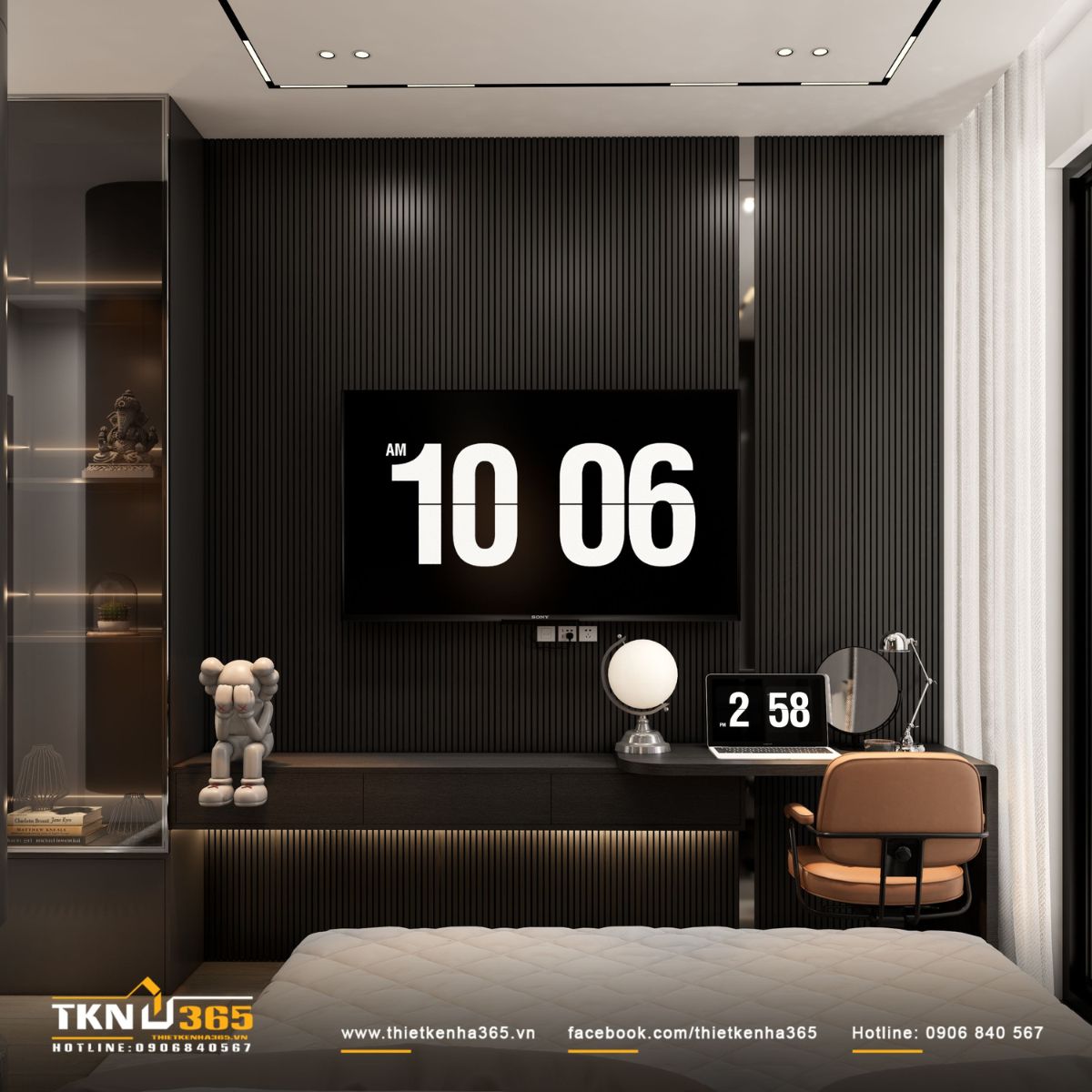 Không gian làm việc được bố trí liền mạch trong phòng, tối ưu diện tích mà vẫn đảm bảo riêng tư